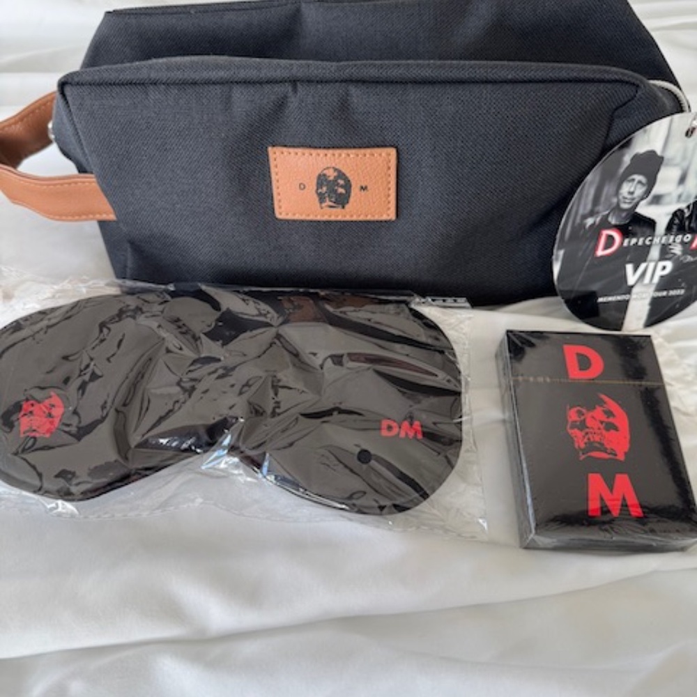 Depeche Mode candle, dopp kit, sleep mask, & playing cards